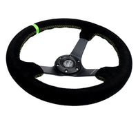 Thumbnail for NRG Reinforced Steering Wheel 350mm/3in. Deep Blk Suede/ Neon Green Stitch w/5mm Matte Black Spoke