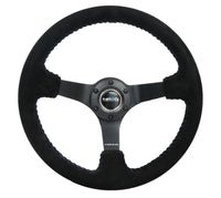 Thumbnail for NRG Reinforced Steering Wheel (350mm / 3in. Deep) Blk Suede/Blue BBall Stitch w/5mm Matte Blk Spokes