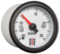 Thumbnail for Autometer Stack 52mm -30INHG to +30 PSI (Incl T-Fitting) Mechanical Boost Pressure Gauge - White