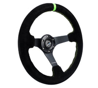 Thumbnail for NRG Reinforced Steering Wheel 350mm/3in. Deep Blk Suede/ Neon Green Stitch w/5mm Matte Black Spoke