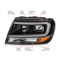 Thumbnail for ANZO 99-04 Jeep Grand Cherokee Crystal Headlights - w/ Light Bar Black Housing