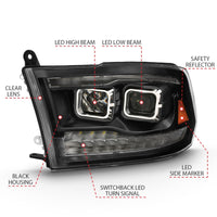 Thumbnail for ANZO 2009-2018 Dodge Ram 1500 Led Projector Plank Style Switchback H.L Halo Black Amber (OE Style)