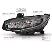 Thumbnail for ANZO 16-17 Honda Civic Projector Headlights Plank Style Black w/Amber/Sequential Turn Signal