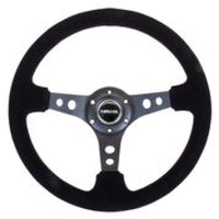 Thumbnail for NRG Reinforced Steering Wheel (350mm / 3in. Deep) Blk Suede/Blk Stitch w/Black Circle Cutout Spokes