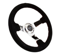 Thumbnail for NRG Reinforced Steering Wheel (350mm / 3in. Deep) Blk Suede w/Red BBall Stitch & Chrome 3-Spoke