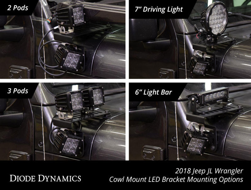 Diode Dynamics 18-21 Jeep JL Wrangler/Gladiator SS3 Cowl LED Bracket Kit - White Pro