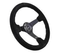 Thumbnail for NRG Reinforced Steering Wheel (350mm / 3in. Deep) Blk Suede/Silver BBall Stitch w/5mm Mt. Blk Spokes