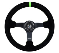 Thumbnail for NRG Reinforced Steering Wheel 350mm/3in. Deep Blk Suede/ Neon Green Stitch w/5mm Matte Black Spoke