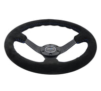 Thumbnail for NRG Reinforced Steering Wheel (350mm / 3in. Deep) Blk Suede/Blue BBall Stitch w/5mm Matte Blk Spokes