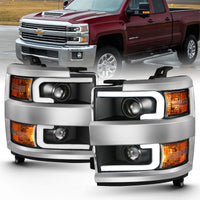 Thumbnail for ANZO 2015-2016 Chevrolet Silverado Projector Headlights w/ Plank Style Design Black w/ Amber