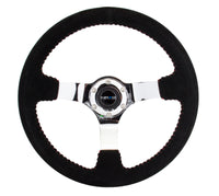 Thumbnail for NRG Reinforced Steering Wheel (350mm / 3in. Deep) Blk Suede w/Red BBall Stitch & Chrome 3-Spoke