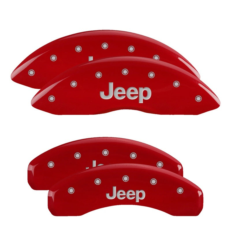 MGP 4 Caliper Covers Engraved Front & Rear 11-18 Jeep Grand Cherokee Red Finish Silver Jeep Logo