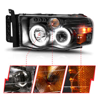 Thumbnail for ANZO 2002-2005 Dodge Ram 1500 Projector Headlights w/ Halo Black Clear Amber