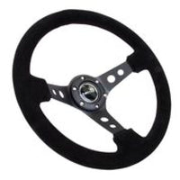 Thumbnail for NRG Reinforced Steering Wheel (350mm / 3in. Deep) Blk Suede/Blk Stitch w/Black Circle Cutout Spokes
