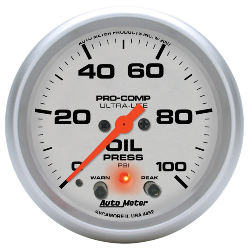 Autometer Ultra-Lite 66.7mm Oil Press 2 5/8in 100PSI Digital Stepper Motor w/ Peak & Warning Light