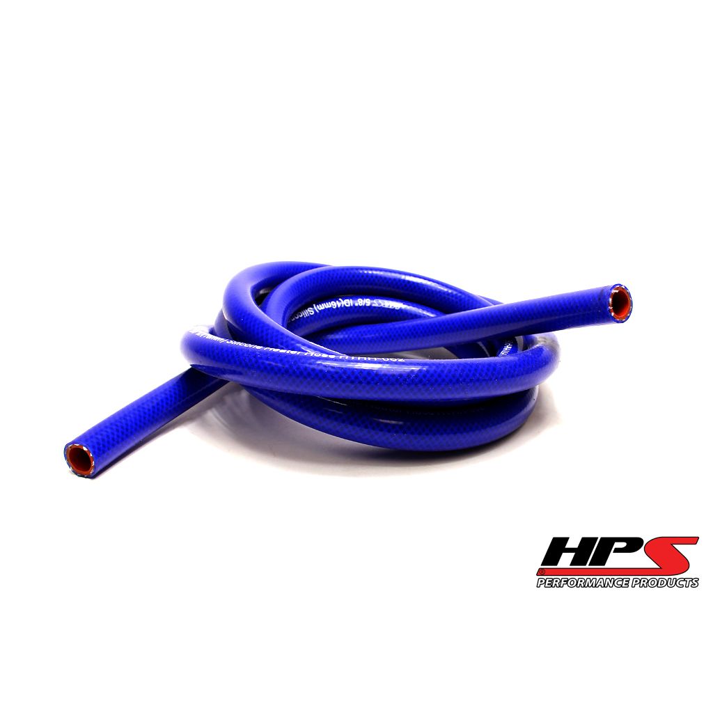 HPS 1/8" ID blue high temp reinforced silicone heater hose, Max Working Pressure 85 psi, Max Temperature Rating: 350F, Bend Radius: 1/2"