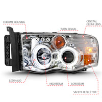 Thumbnail for ANZO 2002-2005 Dodge Ram 1500 Projector Headlights w/ Halo Chrome Clear Amber