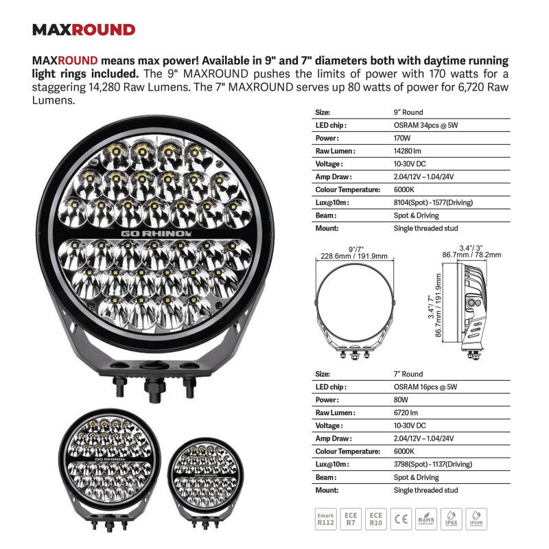 Go Rhino Xplor Blackout Series Round LED Driving Light w/DRL (Surface/Threaded Stud Mnt) 7in. - Blk