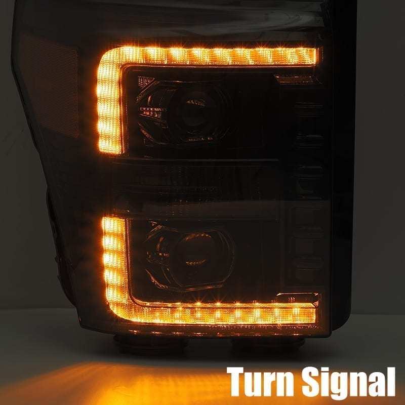 AlphaRex 11-16 Ford F-350 SD LUXX LED Proj Headlights Plank Style Chrm w/Activ Light/Seq Signal/DRL