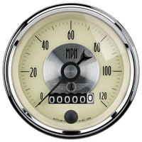 Thumbnail for AutoMeter Gauge Speedo 3-3/8in. 120MPH Elec. Program W/Wheel Odo Prestige Antq. Ivory