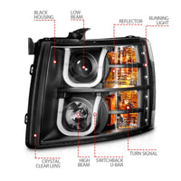 Thumbnail for ANZO 2007-2013 Chevrolet Silverado 1500/2500 Projector Headlights w/ U-Bar Switchback Black w/ Amber