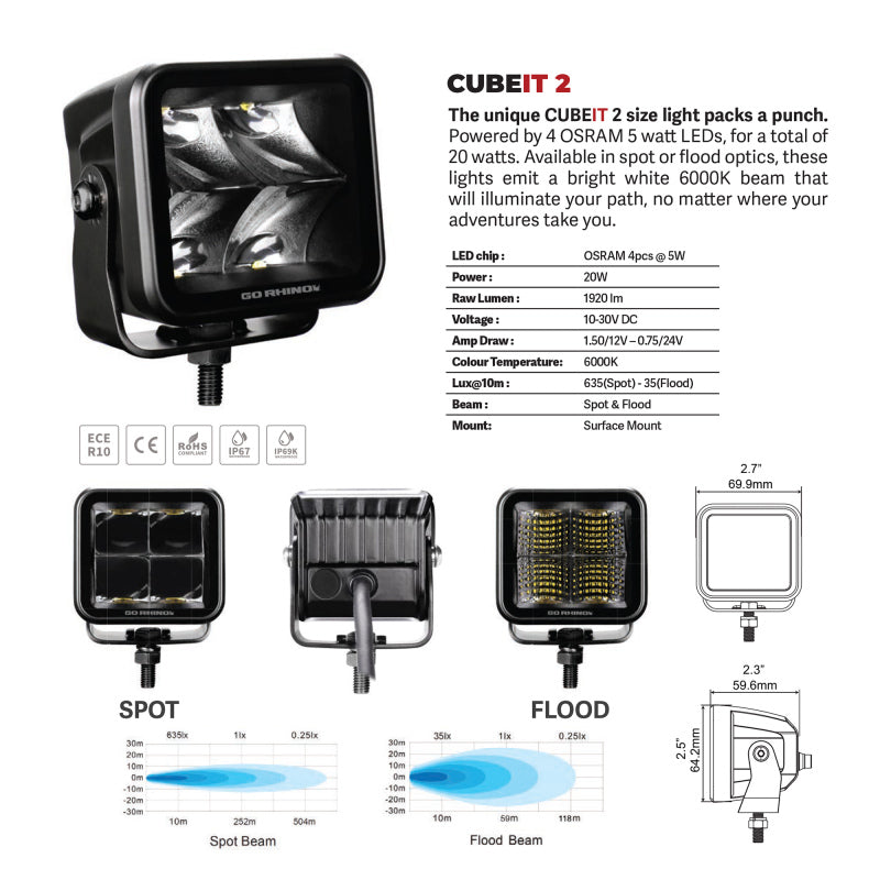 Go Rhino Xplor Blackout Series Cube LED Spot Light Kit (Surface/Threaded Stud Mnt) 2x2 - Blk (Pair)