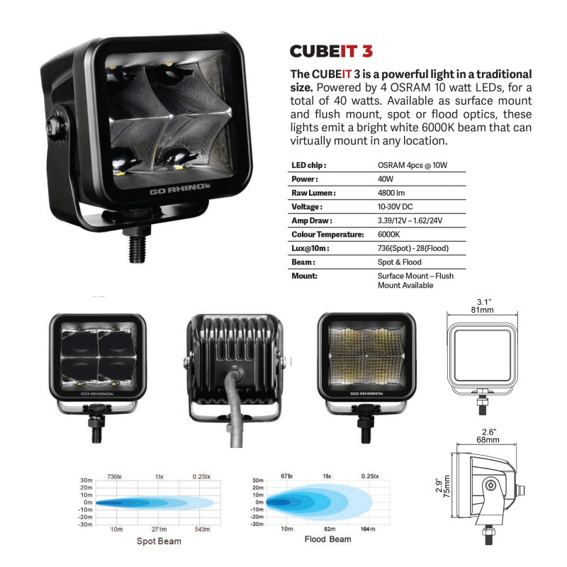 Go Rhino Xplor Blackout Series Cube LED Flood Light Kit (Surface/Threaded Stud Mnt) 3x3 - Blk (Pair)