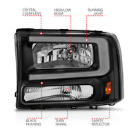 Thumbnail for ANZO 99-04 Ford F250/F350/F450/Excursion (excl. 99) Crystal Headlights - w/ Light Bar Black Housing