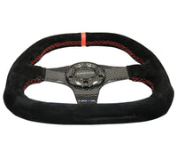 Thumbnail for NRG Carbon Fiber Steering Wheel (320mm) Flat Btm. Blk Suede/Red Stitch w/CF Spokes & Red Center Mark