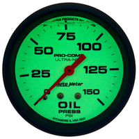 Thumbnail for Autometer Ultra-Nite 2-5/8in 0-150 PSI Liquid Filled Mechanical Glow In Dark Oil Pressure Gauge