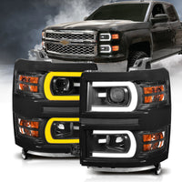 Thumbnail for ANZO 14-15 Chevrolet Silverado 1500 Projector Headlights w/ Plank Style Switchback Black w/ Amber