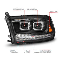 Thumbnail for ANZO 09-18 Dodge Ram 1500/2500/3500 Full LED Proj Headlights w/Switchback Light Bar - Black