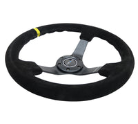 Thumbnail for NRG Reinforced Steering Wheel (350mm / 3in. Deep) Blk Suede/X-Stitch w/5mm Blk Spoke & Yellow CM
