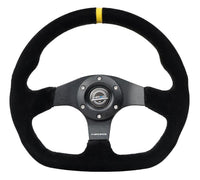 Thumbnail for NRG Reinforced Steering Wheel (320mm) Sport Suede Dual Push Buttons Flat Bottom w/ Yellow Center