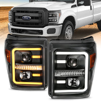 Thumbnail for ANZO 2011-2016 Ford F250 Projector Headlights w/ Plank Style Switchback Black w/ Amber