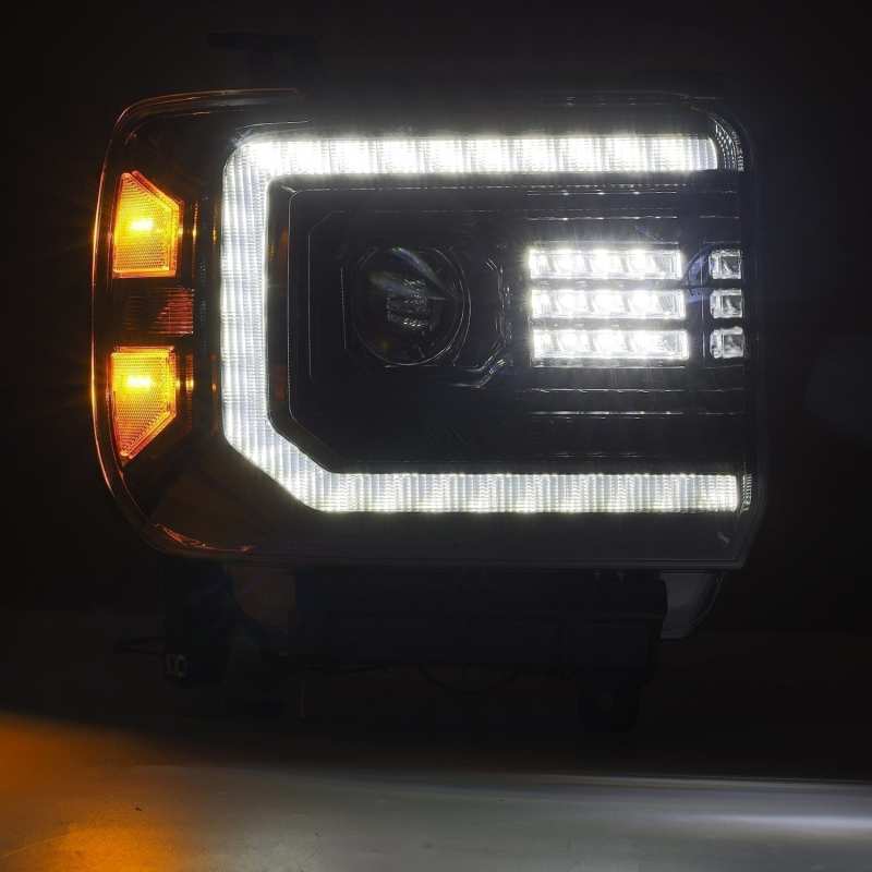 AlphaRex 14-18 GMC Sierra LUXX LED Proj Headlights Plank Style Black w/Activ Light/Seq Signal/DRL