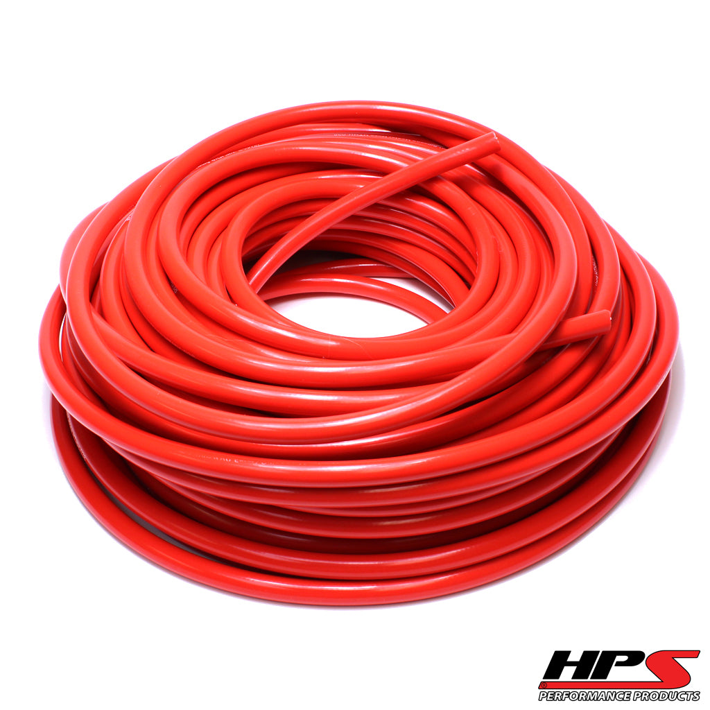 HPS 3/8" ID Red high temp reinforced silicone heater hose 25 feet roll, Max Working Pressure 80 psi, Max Temperature Rating: 350F, Bend Radius: 1-1/2"