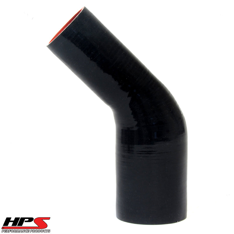 HPS 2-3/8" - 2-9/16" ID High Temp 4-ply Reinforced Silicone 45 Degree Elbow Reducer Hose Black (60mm - 65mm ID)
