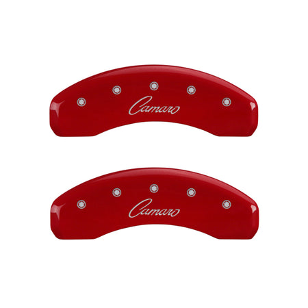 MGP 4 Caliper Covers Engraved Front & Rear Cursive/Camaro Red finish silver ch